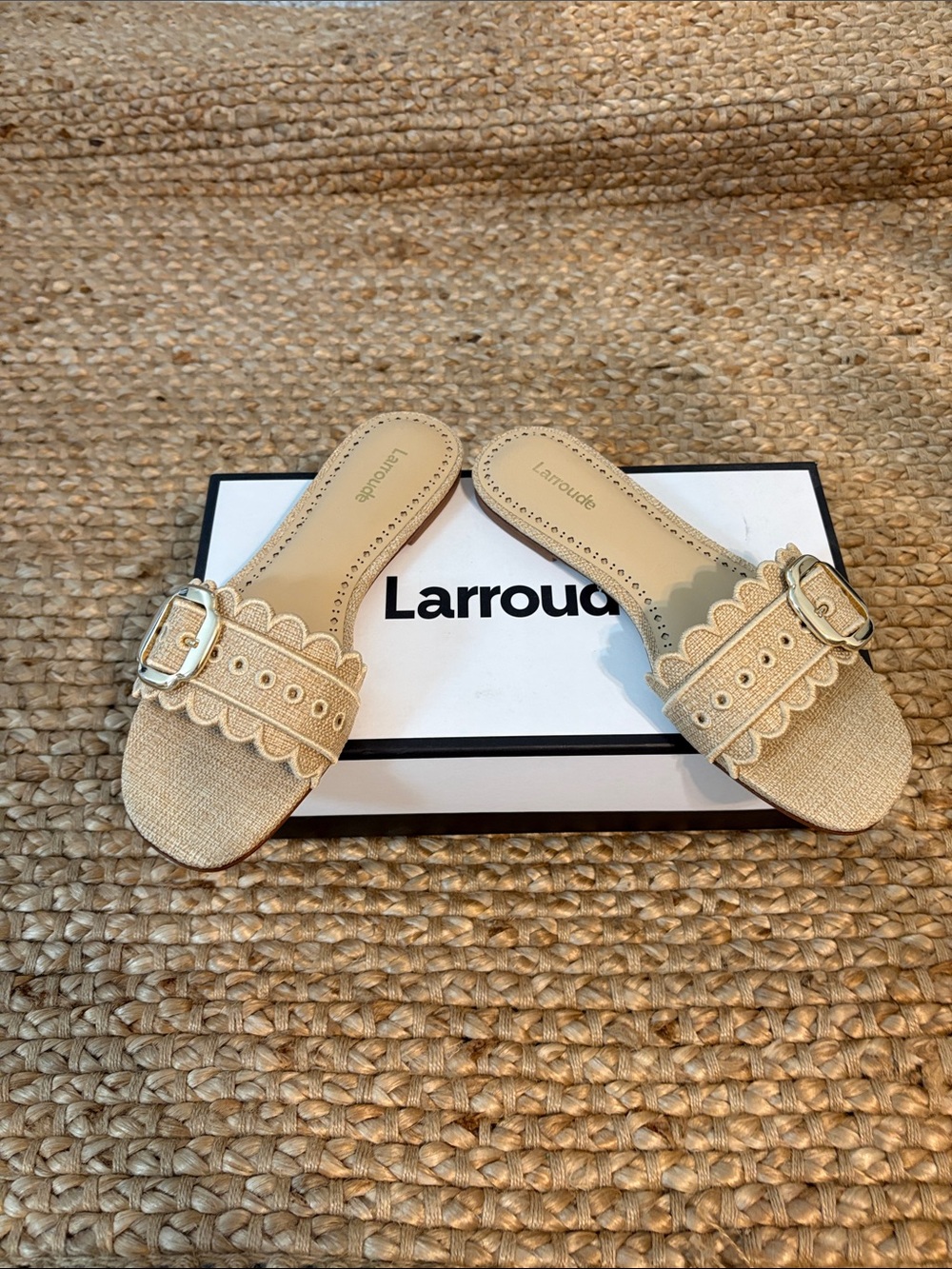 Larroude Neutral Scalloped Buckle Slide Sandals